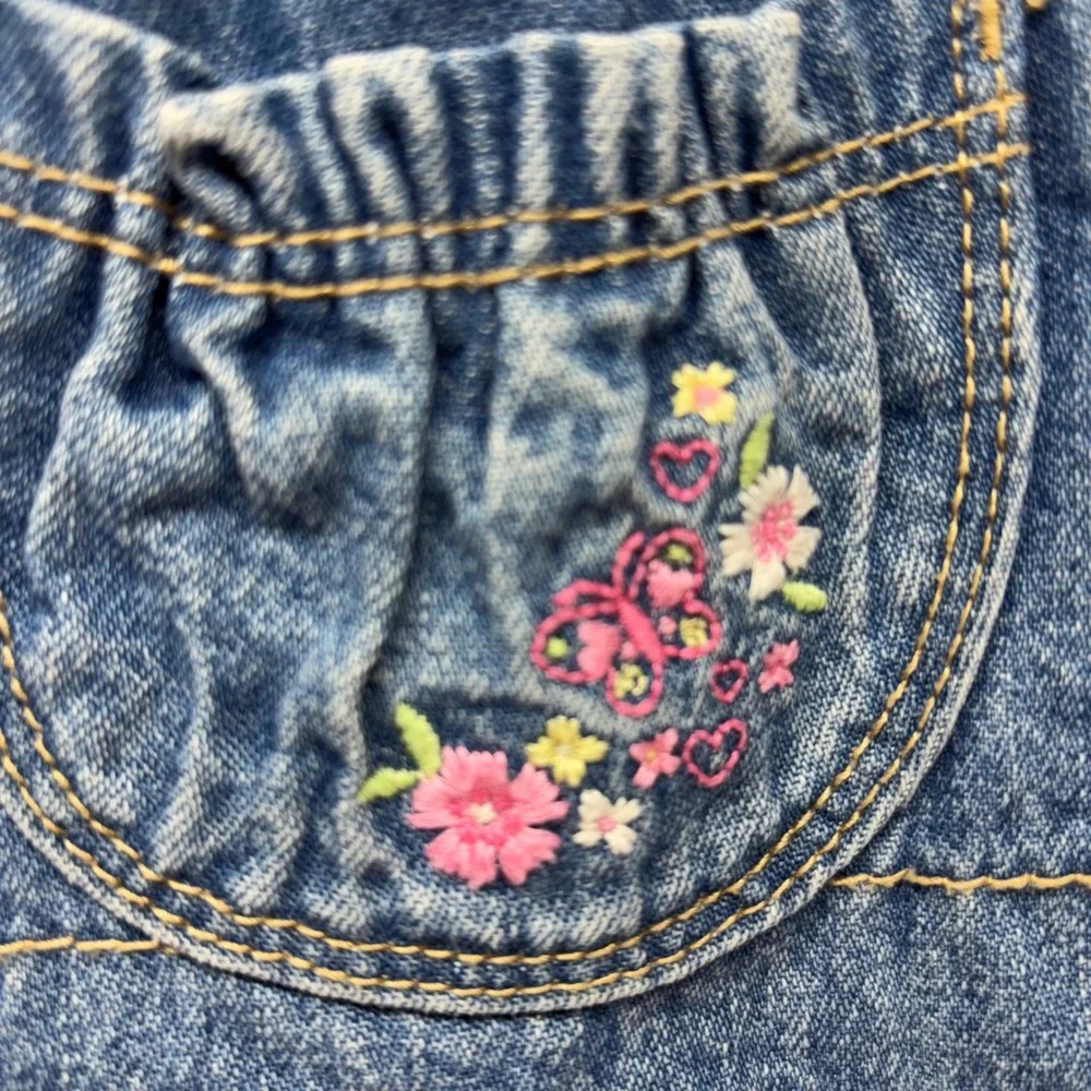OshKosh B'gosh Baby Girls Denim Overalls Dress‎ Tiered Floral Ruffle Pink Green